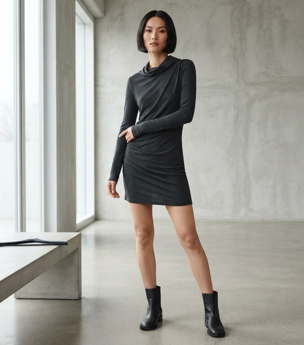 T by Alexander Wang LS Cowl Neck Hooded Ruched Bodycon Sheath Mini Dress XS